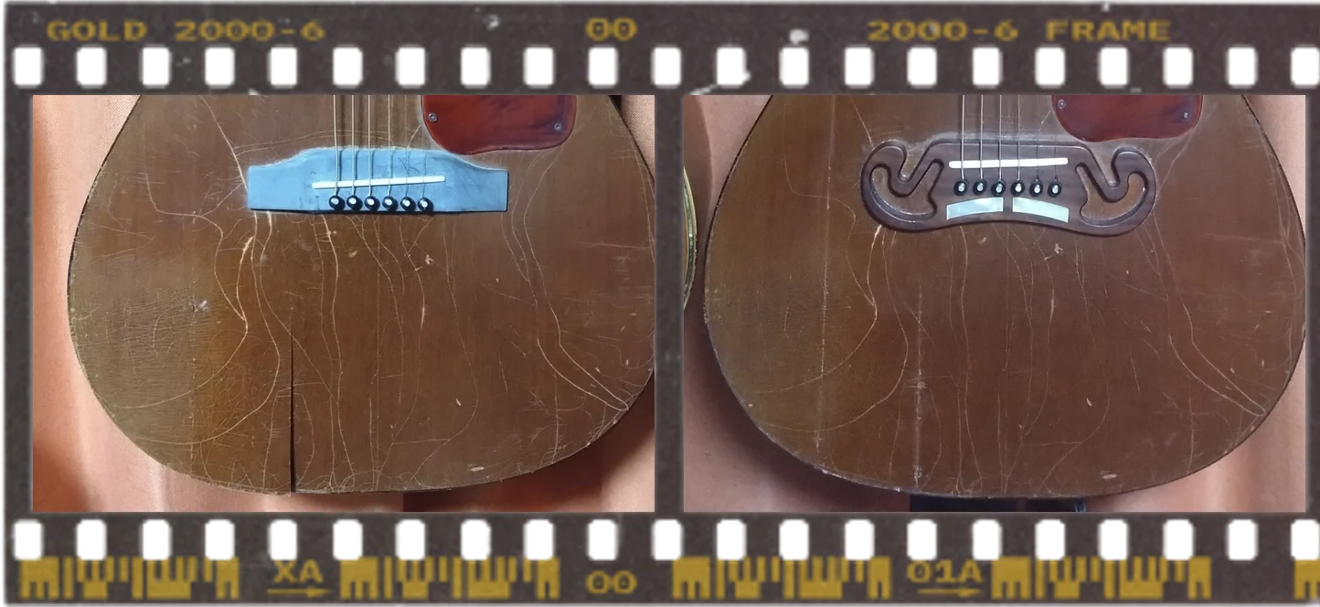 持ち込まれたときと修理後のGibson LG-0を、フィルムの2コマに並べたもの。左は下胴に縦の割れが走って板が段違いにずれている状態、右は同じ場所が平らに戻っている